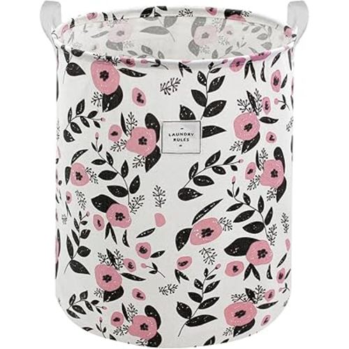 Mziart Cute Laundry Basket, Large Floral Laundry Hamper for Girls Kids Toys Collapsible Clothes Organizer Waterproof Foldable Baby Hamper for Nursery Dorm Fabric Storage Basket Bin with Handles (Pink)