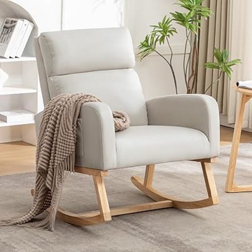 Rocking Chair Nursery, Leather Nursing Rocking Chairs, Upholstered Nursery Glider Rocker for Mom Nursery Morden Accent Rocking Chair with Side Pocket for Living Room,Bedroom, PU Beige