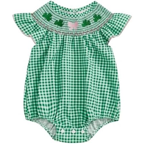 BemeyourBBs Newborn Baby Girl St Patricks Day Outfit Shamrock Bubble Romper Embroidery Cute Smocked Baby Girl Clothes