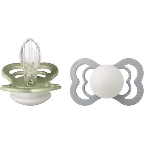 BIBS Supreme Baby Pacifier 2-Pack | Made in Denmark | BPA Free Dummy Soother, Symmetrical Nipple. Silicone, Size 2 (6-18 Months), Sage Glow/Cloud Glow