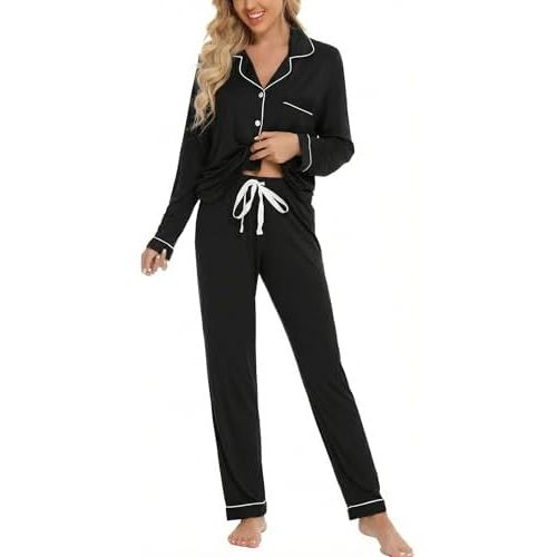 Leikar Button Down Pajamas for Women Soft Viscose Sleepwear Long Sleeve Pjs Set Nursing Postpartum Loungewear