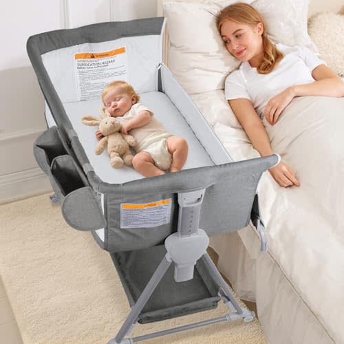 BIERUM Baby Bassinet, Bedside Sleeper for Baby, 7 Height Adjustable Bedside Bassinet with Wheels, Easy to Assemble Portable Bedside Crib with Large Storage Bag for Newborn/Infant, Mattress Included