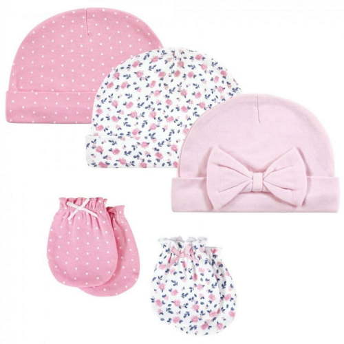 Hudson Baby Infant Girl Cotton Cap and Scratch Mitten Set, Blue Pink Floral, 0-6 Months