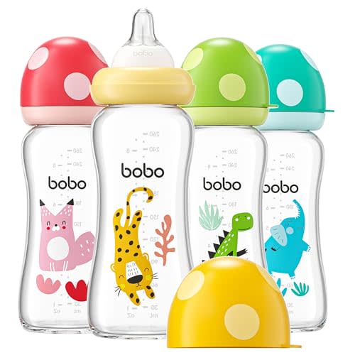 YOHKOH Natural Glass Baby Bottle with Natural Response Nipple, Newborn Anti-Colic Baby Bottles, Wide Neck Mushroom Cap Baby Bottle, Clear (8.8ounce (Pack of 4), Multicolour2)