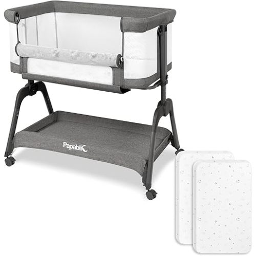 Papablic Baby Bassinet, Bedside Bassinet with 100% Cotton Sheets and Soft Mattress, Adjustable Bedside Sleeper with Storage Basket and Wheels, Grey