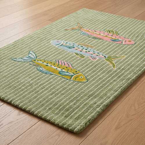 Hand Tufted Wool Fish Runner Rug, Coastal Beach House Decor, Striped Marine Carpet