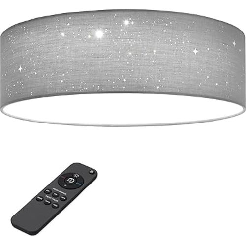 Navaris Flush Mount Ceiling Light - 12.6" Diameter Drum Lamp Shade LED Fixture with Remote Control - Bedroom Nursery - Light Gray with Star Effect