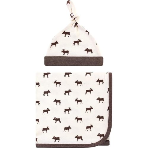 Touched by Nature Unisex Baby Organic Cotton Swaddle Blanket and Headband or Cap, Moose, One Size