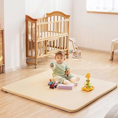 Vegan Leather Baby Play Mat for Floor, 50x50 Thick Foam Soft Padded Playpen Mat with Wipe-Clean and Waterproof Removable Cover for Babies and Toddlers Infants (Beige)