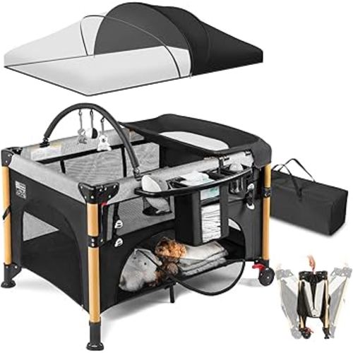 Baby Bassinet Bedside Crib for Travel with One-Hand Setup 5-in-1 Foldable Baby Playpen, Portable Pack and Play with Bassinet,Diaper Changer & Adjustable Mattress for Newborn to Toddler (Black)