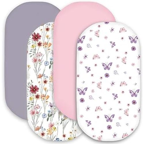 bimocosy Bassinet Sheet, 4 Pack Bassinet Sheets for Baby Girls Boys, Soft Baby Bassinet Fitted Sheets Neutral for Standard Bassinet Mattress, Size 32 x 16 x 4 Inches, Butterfly/Floral/Pink/Purple