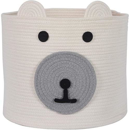 Cotton Rope Storage Basket with Cute Bear Design, Woven Laundry Basket with Handles, Baby Nursery Organizer for Toys, Blanket, Clothes, Towels, 12”(D) x 11”(H)