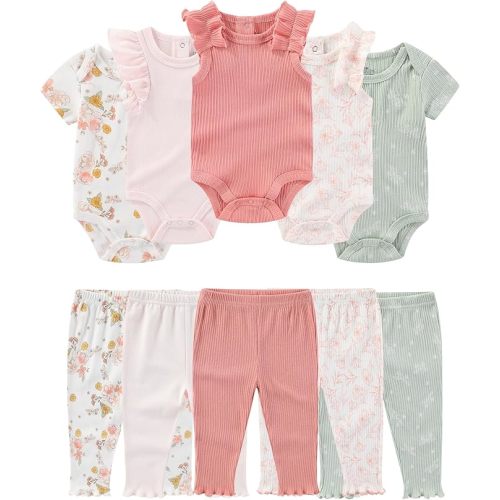 Baby Girl Bodysuit and Pant Set Cotton Ribbed Mix Summer Infant Girls Clothes Outfits 0-12 Month