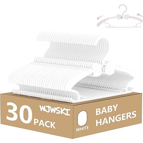 Baby Hangers 30 Pack, 11-14.5" Adjustable Kid Clothes Hangers for Newborn Closet, Plastic Non-Slip Small Infant Hanger for Toddler Pant, Child Coat Percha for Boy Nursery Clothing, Girl Dresses, White