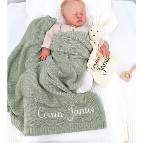 Baby Blanket Set, Embroidered Name, Stroller Blanket, Newborn Baby Gift, Soft Breathable Cotton Knit