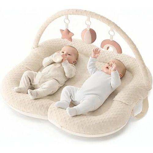 Twins Baby Play Mats for Floor Activity Gym - 5-in-1 Support Cushion Baby Play Mat Tummy Time Mat for Supervised Bonding with Arch, Plush Toys, Flashcards & Developmental Book - Beige