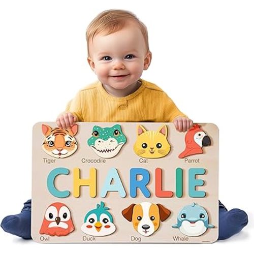 Personalized Animal Name Puzzle for Baby Boys & Girls, Handmade Wooden Toy, Custom Baby Gift, First Christmas or Birthday Present, 1 Year Old Gifts