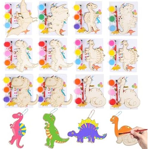 12 Pack Dinosaur Party Favors – Dino Keychains Wood Painting Kits Arts and Crafts for Kids Girls Boys, Birthday Goodie Bag Filler Pinata Stuffers Exchange Gifts Classroom Prizes Activities Toys
