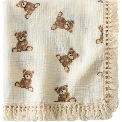 Little Jump Cotton Muslin Swaddle Blankets with Tassel, Boho Bohimia Muslin Baby Blanket Neutral with Fringe, Vintage Teddy Bear Nursery Decor Muslin Throw Blanket 47" x40" (Teddy Bears)