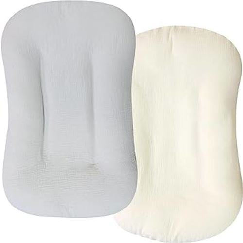 Hooyax Muslin Baby Lounger Cover 2 Pack, Organic Cotton Removable Slipcover for Newborn,Baby Padded Lounger Infant Floor Seat Cover for Boys Girls (Gray Creamy-White)