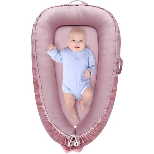 Baby Lounger - Baby Lounger for Newborn 0-24 Months, Breathable & Soft Cotton and Velvet Cover Co Sleeping Baby Nest, Baby Essentials & Shower Gifts, Portable Infant Lounger for Home and Travel
