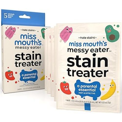 Miss Mouth's Messy Eater Stain Treater Wipes - 5 Pack Stain Remover - Newborn & Baby Essentials - No Dry Cleaning Food, Grease, Coffee Off Laundry, Underwear, Fabric