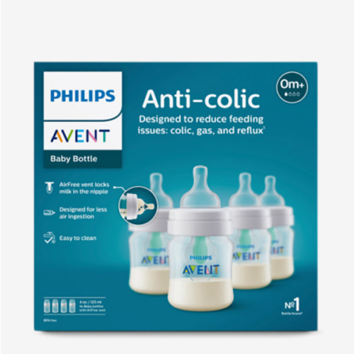 Philips Avent Anti-Colic Bottle with AirFree Vent, 4oz, with Flow 1 Nipples, 0m+, 4pk, Clear, SCY701/04