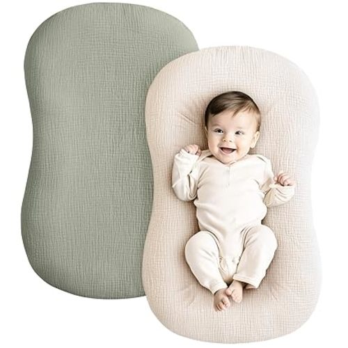 Konssy Muslin Baby Lounger Cover 2 Pack, 100% Cotton Newborn Lounger Cover, Soft and Breathable Lounger Cover for Boys Girls, Covers Only (Fog Green,Cream)