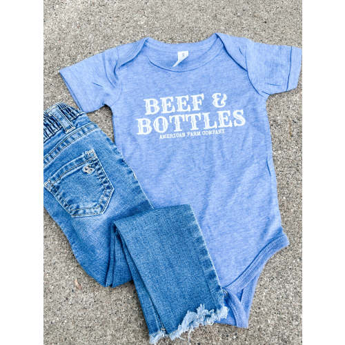 &#39;Beef &amp; Bottles&#39; Blue Onesie