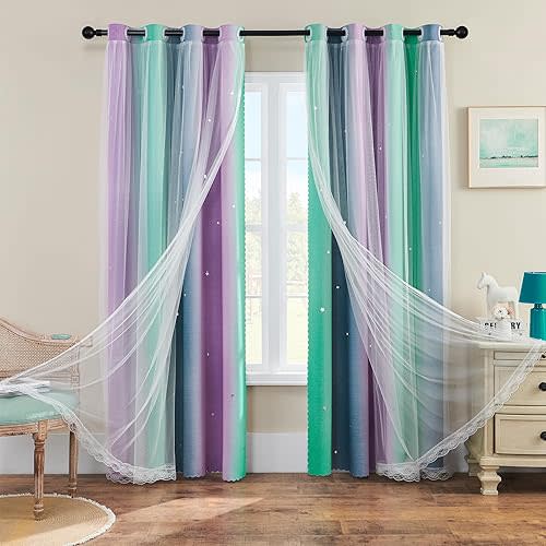 XiDi Grey Kids Curtains for Bedroom, Nursery Bedroom Blackout Curtain, Childs Room Decor Purple Green Curtains, Girls Curtains 72 inchs Long 52 inches Wide 1 Panel