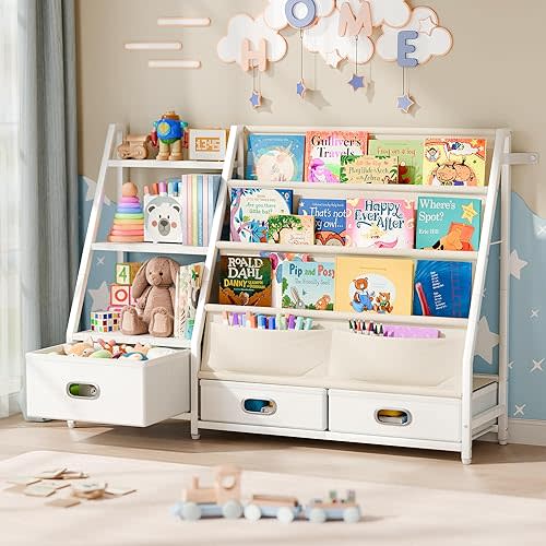 POZILAN Kids Bookshelf and Toy Storage - 3 Tier Toddler Book Shelf for Kids Rooms, Children Baby Bookshelf with 3 Drawers, Toy Storage Organizer Nursery Book Shelves for Playroom Bedroom