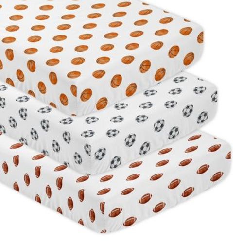 Sweet Jojo Designs Boy Fitted Crib Sheets Watercolor Sports Theme Brown Orange Black And White 3pc