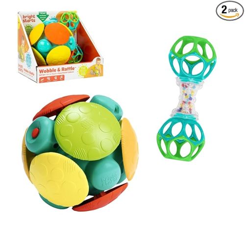 Bright Starts Wobble & Rattle Gift Set​ 2-PK Baby Toys, Rattles & Ball Toys, Crawl & Chase, Cause and Effect Learning, Unisex, 3-6 Months and Up