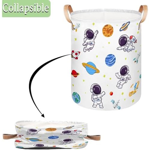 Kids Astronaut Space-Themed Laundry Basket, Foldable Laundry Hamper Storage Bin for Boys’ Room, Bathroom Playroom Bedroom - 16"x20.8"