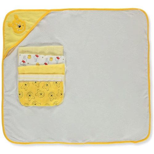 Cudlie Accessories Disney Baby Winnie The Pooh Hooded Towel with 5 Piece Washcloth Set, Honey Collector Print, GS71798, Yellow