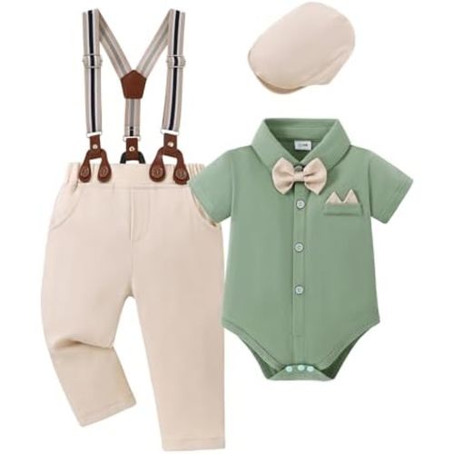 YALLET Baby Boy Clothes Suit Newborn Infant Gentleman Outfits, Formal Dress Shirt+Bowtie+Suspender Shorts Wedding Party Set