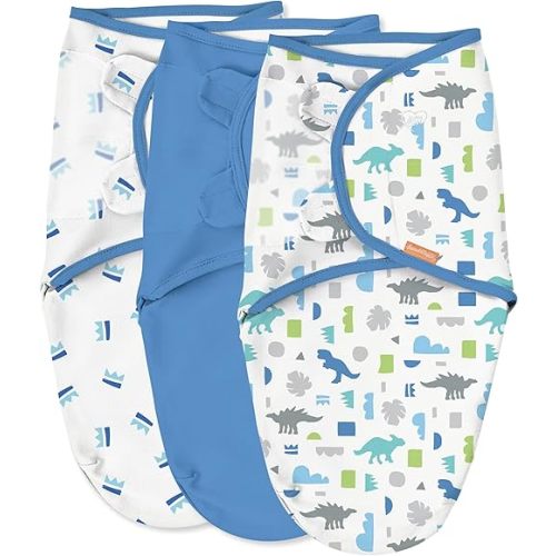 SwaddleMe by Ingenuity Original Swaddle with Easy-Change, 100% Cotton, Improves Sleep & Calms Startle Reflex, 3-6 Months, 3-Pack - Dino Time
