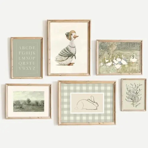 Vintage Nursery Wall Art Kids Canvas Poster Baby Room Wall Decor Sage Green Duck Wall Art Bunny Prints Floral Picture Nursery Children Artwork for Farmhouse Bedroom 8x10 Inch Unframed Set of 6