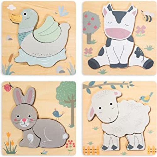 Anavrin Co. 4 pk Animal Shape Wooden Puzzles Set for Toddlers Early Brain Development Learning, Toddler 1 2 3 4 Years Old, Montessori STEM Educational Birthday Gift Toy