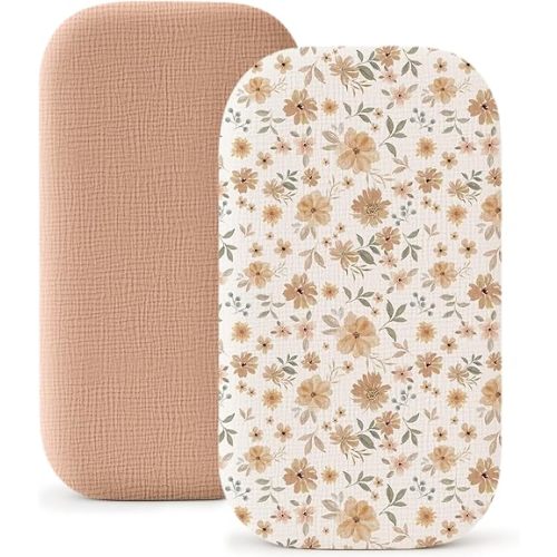 Konssy Muslin Fitted Bassinet Sheets 2 Pack for Baby Girl Boy, Soft Bedside Sleeper Bassinet Sheets Fit for Baby Bassinets, Moses Basket Oval Rectangle Pad/Mattress