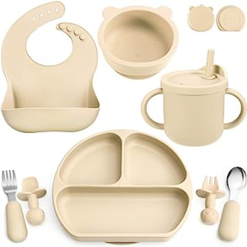 16 Pack Baby Feeding Supplies Set Silicone Baby Led Weaning Suction Plates  and Bowls Silicone Bibs Anti Slip Placemat Baby Spoons Forks Snack Cups Toddler  Eating Utensil Set (Beige Orange)