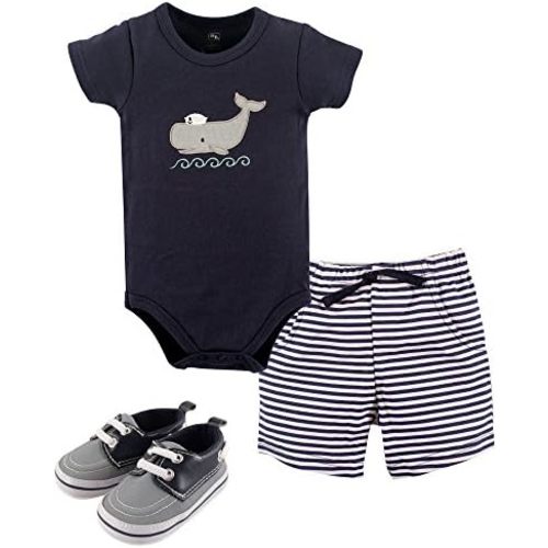 Hudson Baby Unisex Baby Cotton Bodysuit, Shorts and Shoe Set