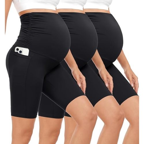 3 Pack Maternity Shorts Over The Belly Pregnancy Biker Shorts Workout Yoga Active Pregnant Pants Pajama with Pockets