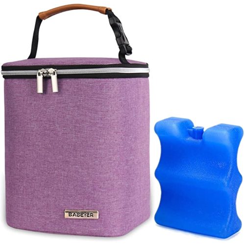 Breast Milk Cooler Bag with Ice Pack Fits 4 Baby Bottles Up to 9 Ounce, Baby Bottle Bag Great for Nursing Mom Daycare, Purple
