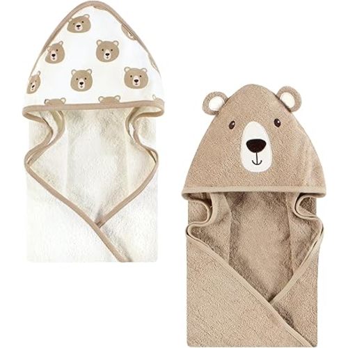 Hudson Baby Cotton Animal Face Hooded Towel, Tan Bear, One Size