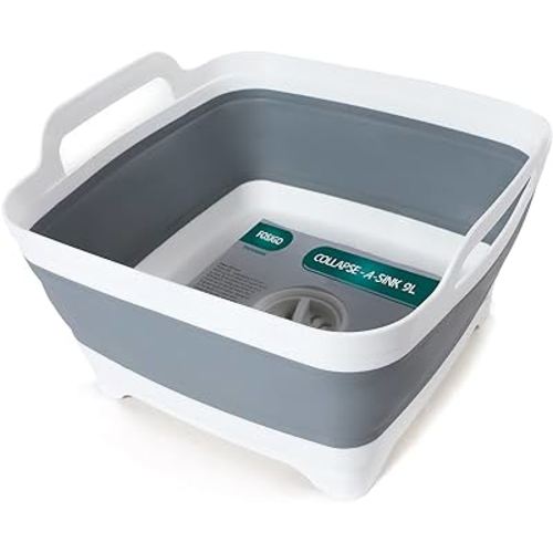 FOSJGO 2.4 Gal(9L) Collapsible Dish Basin with Drain Plug,Space Saving Multiuse Foldable Sink Tub,Dishpan,Kitchen Sink for Camping,Plastic Tub,Vegetable Washing,Beverage Tubs