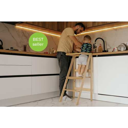 Folding helper LELEKA for kitchen, Super THIN foldable tower architoyz, Adjustable height helper stool, Toddler step stool