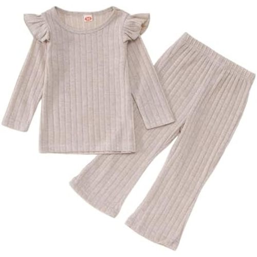 Toddler Baby Girls Clothes Set Ruffle Knit Ribbed Long Sleeve T-Shirts Tops+Pants 2Pcs Outfits Fall Winter Clothes