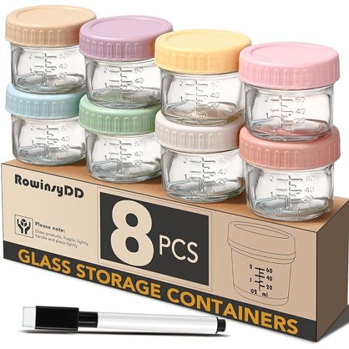 RowinsyDD 8 Pack Glass Baby Food Storage Containers, 4 oz Leakproof Baby Food Jars with Lids, Small Glass Food Containers for Infant Baby, Freezer Safe