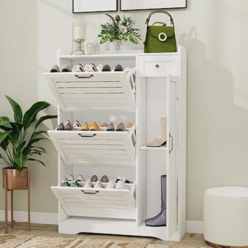 Shoe Storage Cabinet with 3 Flip Drawers, Freestanding Hidden Wooden Shoe Storage, Drawer & Adjustable Shelves, Slim Shoe Organizer for Entryway, Modern Shoe Cabinet for Hallway, bedroom, White